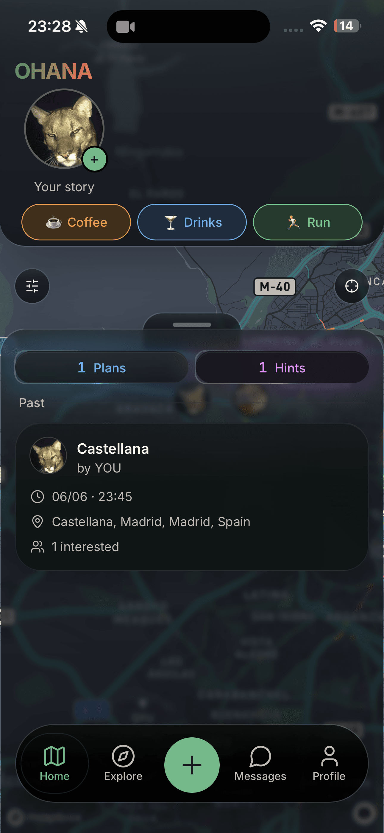 OHANA app showing plans forming from nearby social activity.